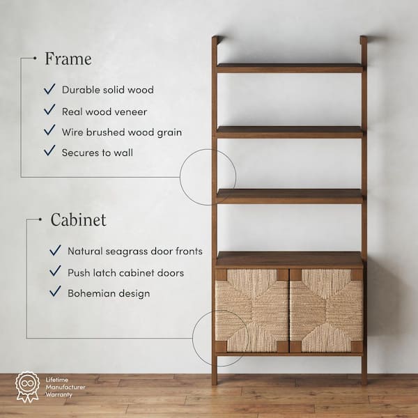 Beacon 72 in. Tall Dark Brown Solid Wood 3-Shelf Boho Bookcase with Seagrass Cabinet