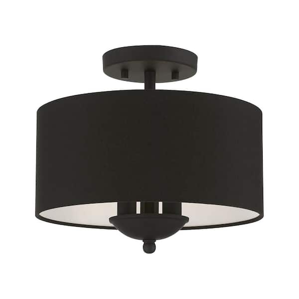 AVIANCE LIGHTING Hillcott 12 in. 3-Light Black Semi Flush Mount with Black Fabric Shade and White Fabric Inside