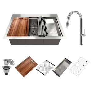 33 in. Drop-in/Undermount Single Bowl 18-Gauge Brushed Stainless Steel Kitchen Sink with Faucet and Accessories