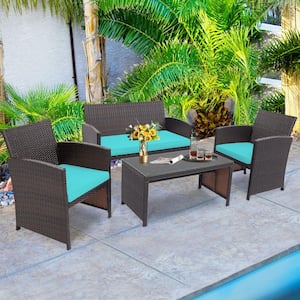 Brown 4-Piece Wicker Patio Conversation Set with Turquoise Cushions