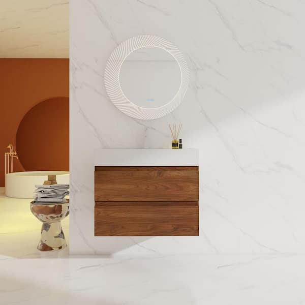 UPIKER Modern 29.5 in. W x 18.1 in. D x 24.4 in. H Floating Bath Vanity Cabinet in Brown Oak with White Resin Top