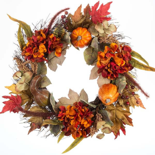 Home Accents Holiday 22 in. Unlit Artificial Hydrangea and Pumpkin Fall Wreath