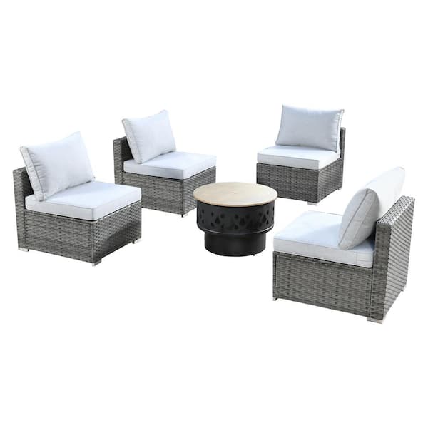 Sanibel Gray 5-Piece Wicker Outdoor Patio Conversation Sofa Set with a Wood-Burning Fire Pit and Light Gray Cushions