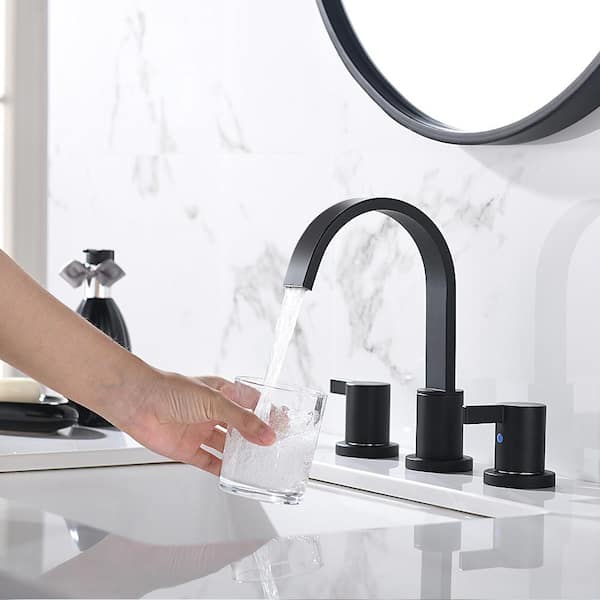 Matte Black Waterfall Widespread 8 in. 3 Holes 2 Handles Bathroom Faucet with Copper Drain and Valve