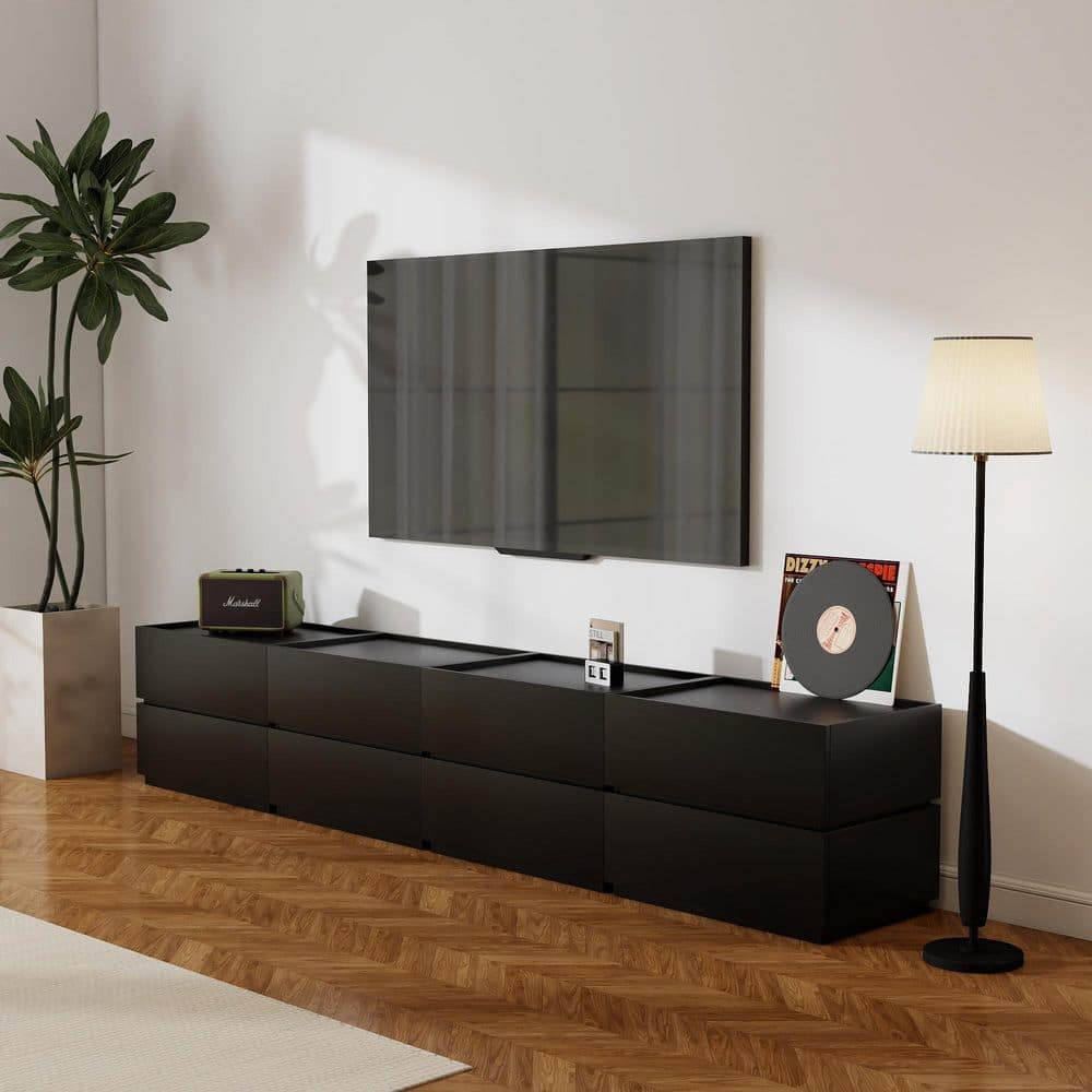 94 in. Black TV Stand Storage Modular Entertainment Center Fits TV's up to 90 in. with 8 Drawers for Living Room