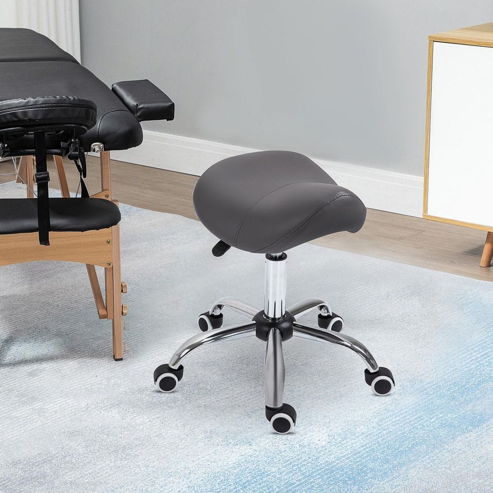 スツール melos HOMCOM Ergonomic Grey Rolling Saddle Stool PU Leather Hydraulic
