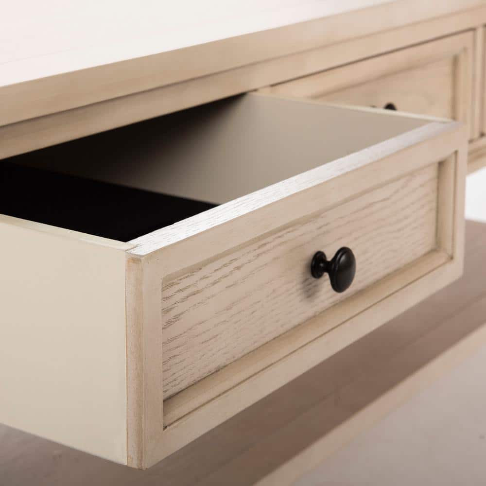 White Wash Elm Wood Coffee Table with Storage Drawers