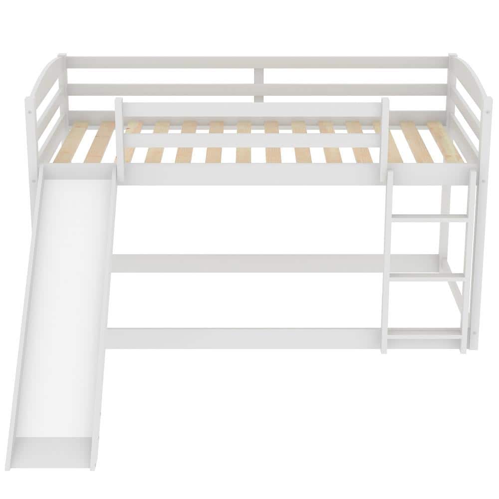 White Twin-over-Twin Bunk Bed with Slide and Storage Drawers
