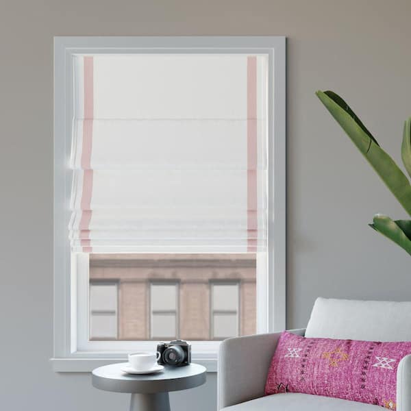 Sun Zero Hailey Cordless Pink/White 100% Blackout Pink Ribbon Border Fabric Roman Shade 33 in. W x 64 in. L
