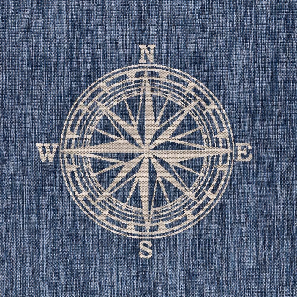 Nautical Blue and White Compass Stripe Indoor/Outdoor Rug