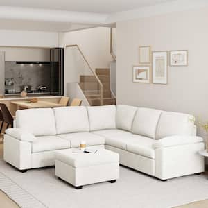 84 in. Pillow Top Arm 6 Seat L-Shape Velvet Upholstered Sectional Sofa in. Beige with Moveable Ottoman