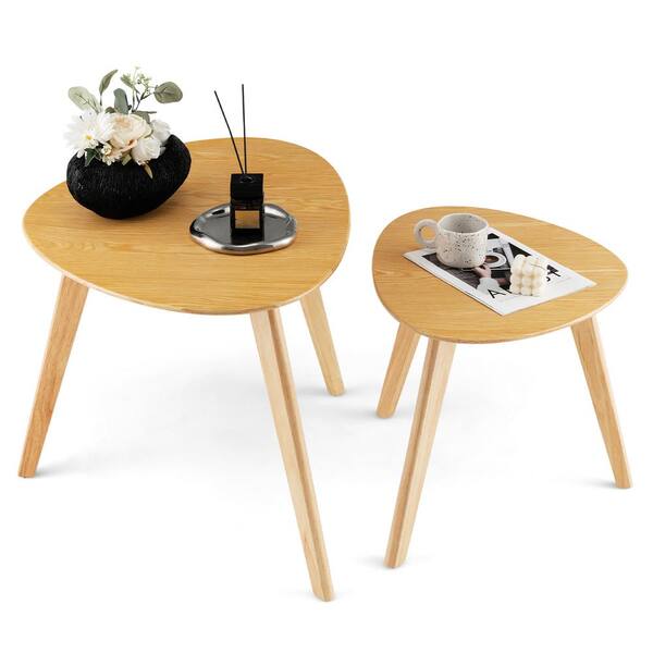 Costway 29.5 in. Nesting Table (Set of 2) Triangle Modern Rubber Wood Coffee Table for Living Room