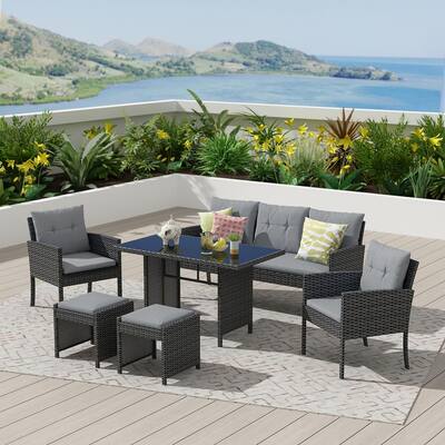 Black 6-Piece PE Wicker Outdoor Patio Sectional Sofa with Blue Cushions and Dining Table