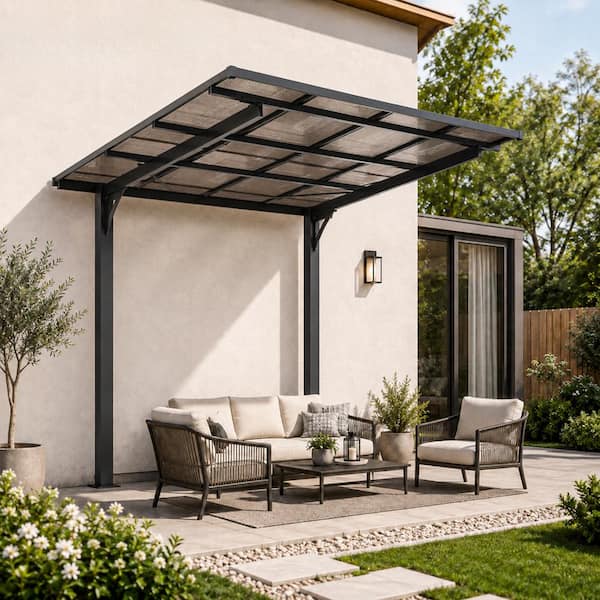 8 x 8 FT Black Single-Slope Cantilever Galvanized Steel Carport with Sloped PC Roof