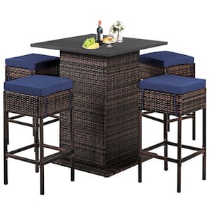 5-Piece Wicker Outdoor Serving Bar Set Patio Rattan Bar Table Stool Set with Navy Cushions and Hidden Storage Shelf