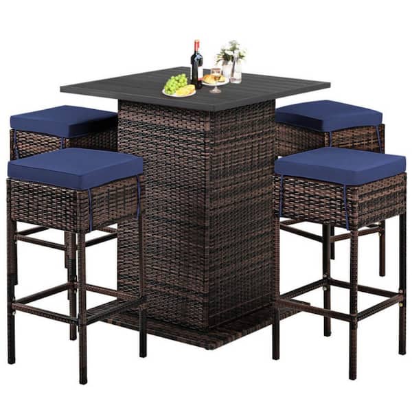 Clihome 5-Piece Wicker Outdoor Serving Bar Set Patio Rattan Bar Table Stool Set with Navy Cushions and Hidden Storage Shelf