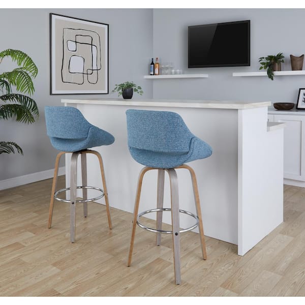 Fabrico 29.5 in. Blue Noise Fabric, Light Grey Wood, and Chrome Metal Fixed-Height Bar Stool (Set of 2)