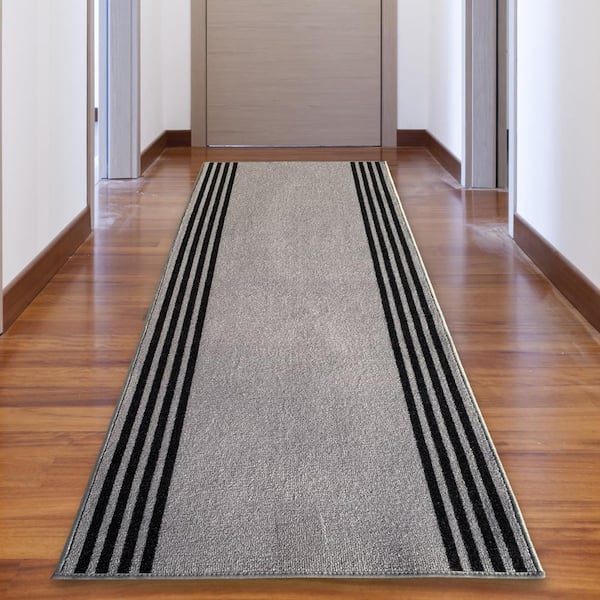 PLAYA RUG Stripes Bordered Black&Gray Color 31 in. Width x Your Choice Length Custom Size Roll Runner Rug/Stair Runner