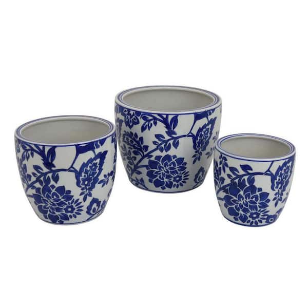 White and Blue Ceramic Japanese Floral Pattern Round Garden Planter Set (3-Pack)