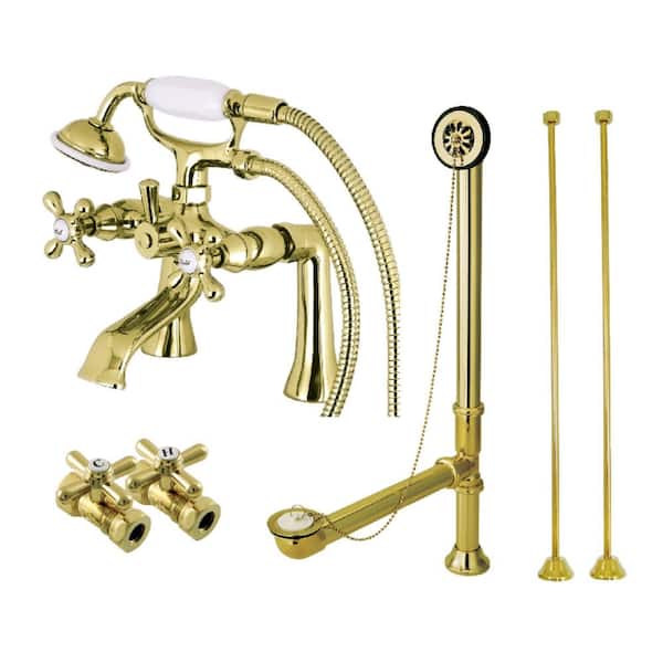 Vintage Adjustable 2-Handle Deck Mount Claw Foot Tub Faucet with Handshower in Polished Brass