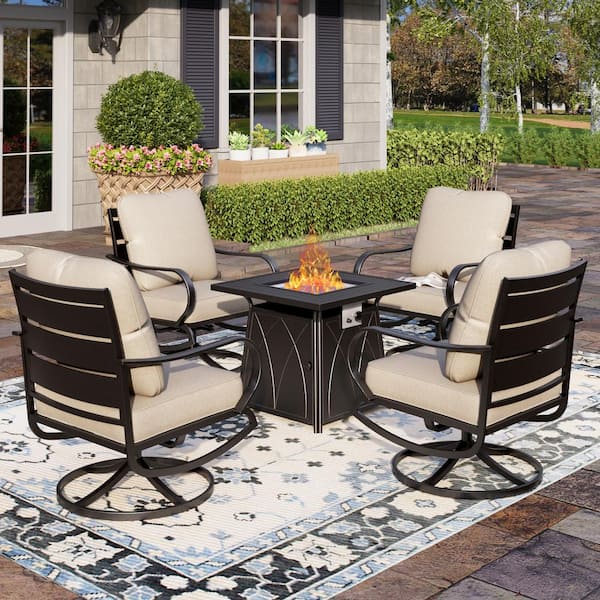 PHI VILLA Black Metal 4 Seat 5-Piece Steel Outdoor Patio Conversation Set with Beige Cushions,Swivel Chairs,Square Fire Pit Table
