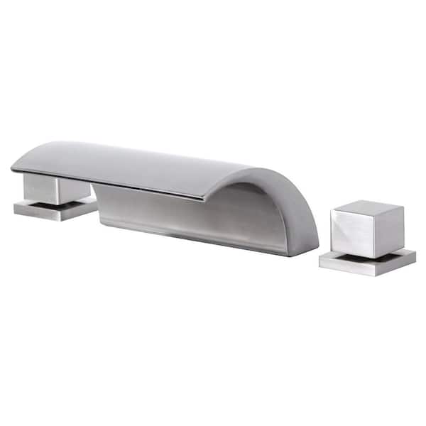 Double-Handle Tub Deck Mount Roman Tub Faucet Waterfall Bathtub Filler in Brushed Nickel