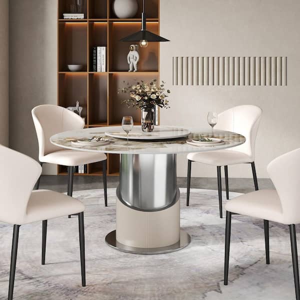 53 in. Pandora Round Rotable Lazy Susan Sintered Stone Tabletop with Chromed Pedestal Dining Table for 4-6 Person