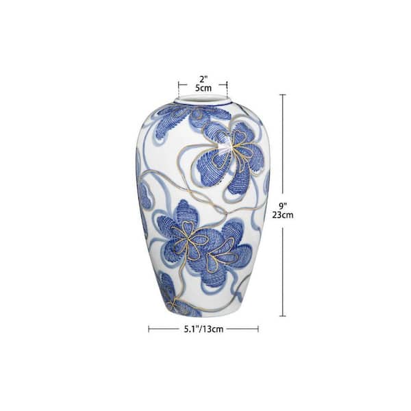 9 in. Blue Ceramic Bottle Hand-Painted Porcelain Flower Vase with