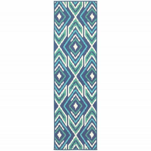 Blue, Ivory 2 X 8 ft. Loomed Geometric Polypropylene Rectangle Indoor/Outdoor Area Rug
