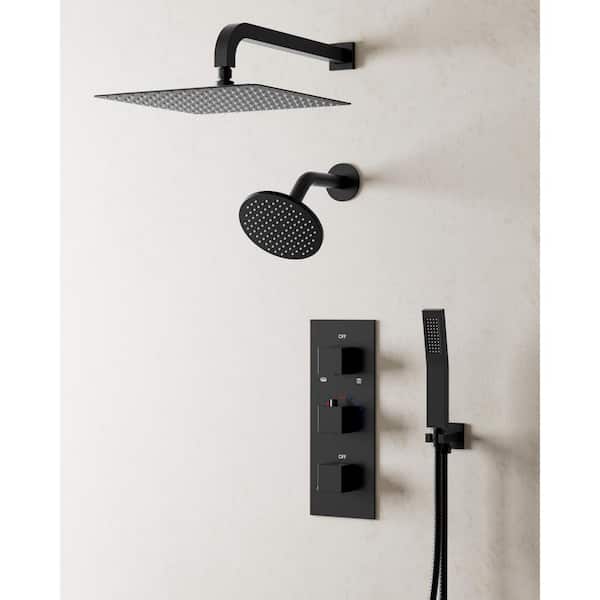 YAWWALK Thermostatic 5-Spray 12 x 6 in. Wall Mount Dual Shower Head and Handheld Shower in Matte Black (Valve Included)