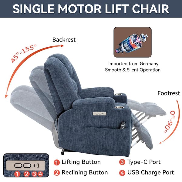 Blue Chenille Fabric Electric Lift Recliner Chairs Power Recliner Chair with USB Port Cup Holder and Storage Pocket