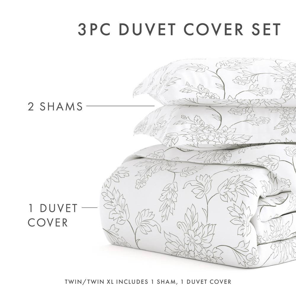 Gray Floral Microfiber Queen Duvet Cover Set with Pillow Shams