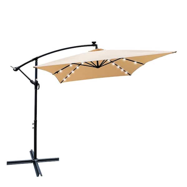 Sudzendf 10 ft. Umbrella Solar Powered LED Lighted Sun Shade Market Waterproof 8 Ribs Umbrella with Crank and Cross Base in Tan