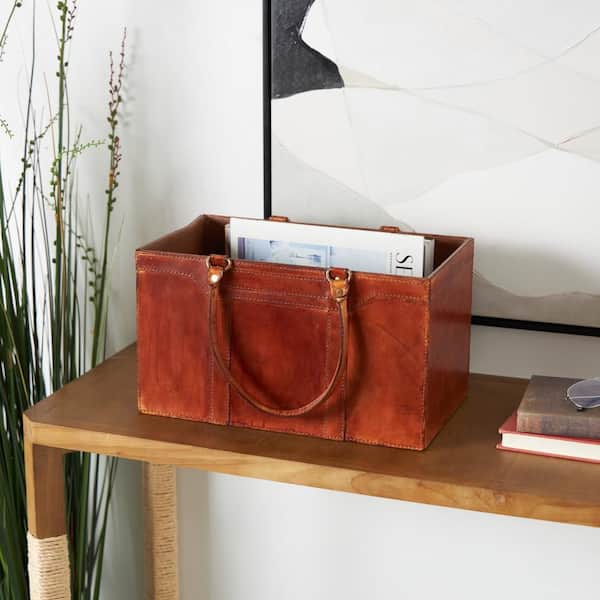 Litton Lane Brown Handmade Box Style Standing Magazine Holder with Detail Stitching and Curved Handles