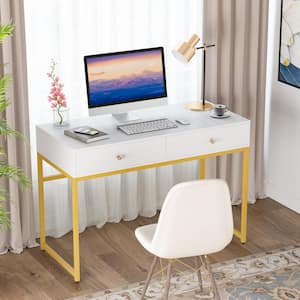 Moronia 47.2 in. Retangular White and Gold 2 Drawers Computer Desk Writing Table Makeup Vanity Table
