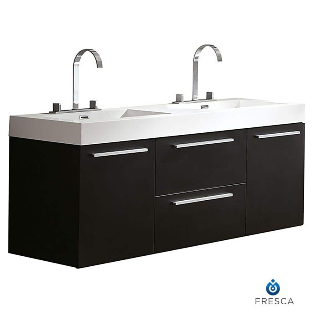 Black Engineered Wood Wall-Mount Double Vanity Base, 54-inch