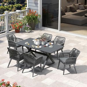 7-Piece Aluminum All-Weather PE Rattan Rectangular Outdoor Dining Set with Cushion, Grey