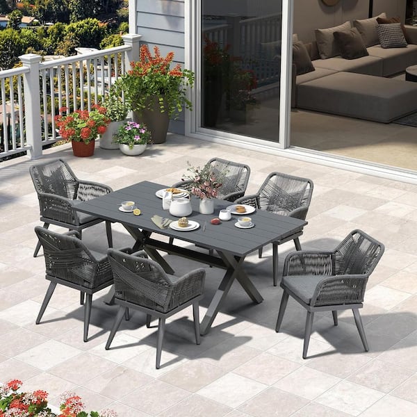 PURPLE LEAF 7-Piece Aluminum All-Weather PE Rattan Rectangular Outdoor Dining Set with Cushion, Grey
