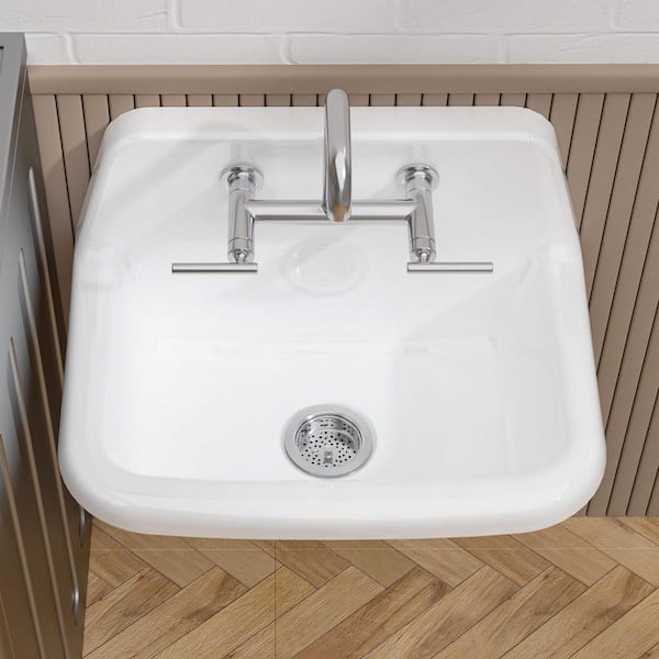 Kuomih High Back 24 in. White Fireclay Kitchen Sink Wall Mount