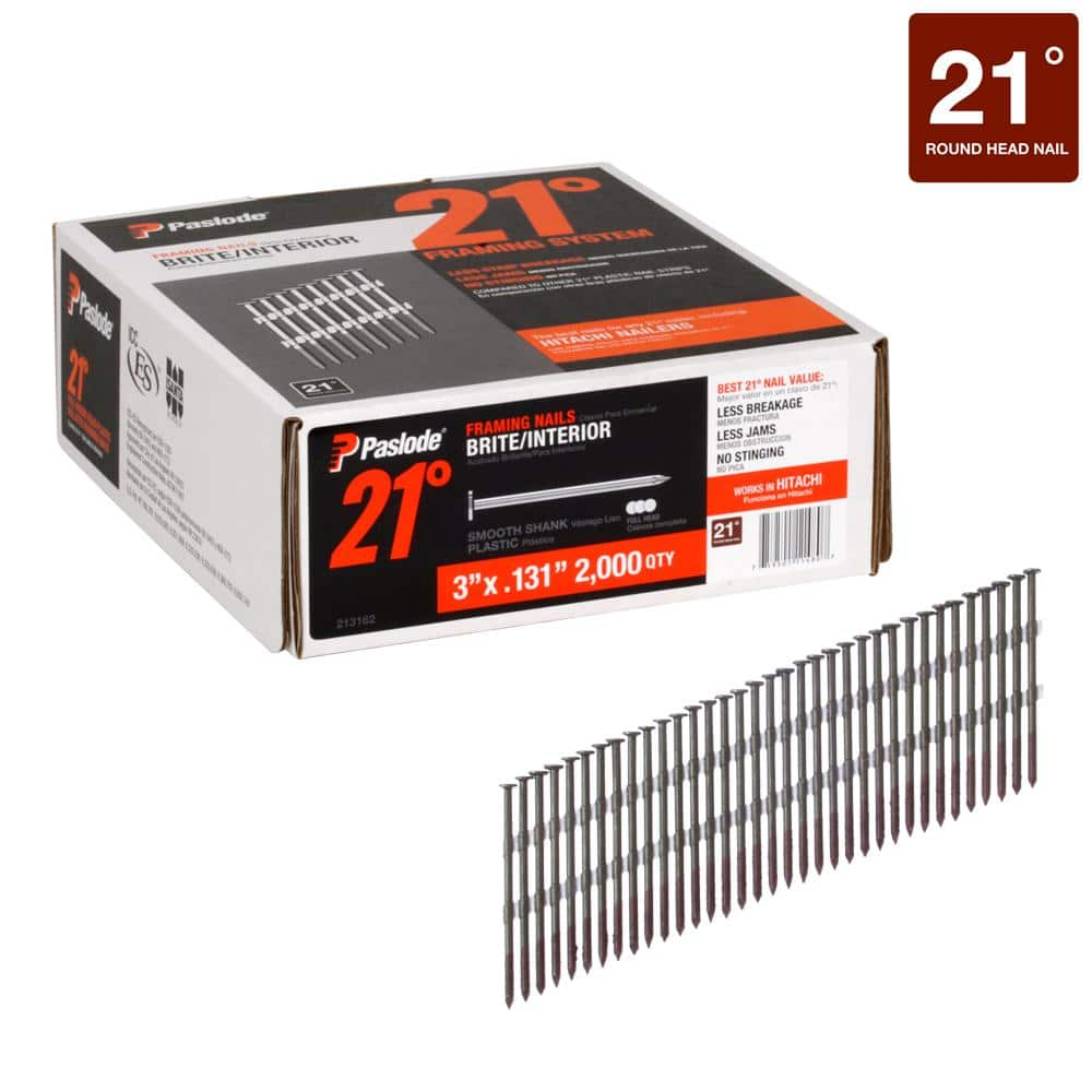 Paslode 3 in. x 0.131-Gauge 21-Degree Brite Smooth Shank Plastic Collated  Framing Nails (2000 per Box) 213162 - The Home Depot