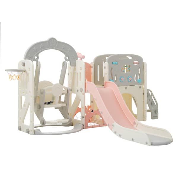 Unbranded Pink 10-in-1 Indoor, Outdoor Kids Slide Playset Structure with Basketball Hoop, Arch Tunnel and Telescope