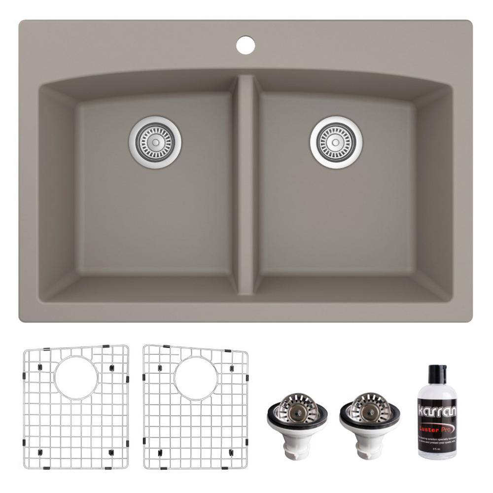 Karran QT-710 Quartz/Granite 33 in. Double Bowl 50/50 Top Mount Drop-In Kitchen Sink in Concrete with Bottom Grid and Strainer -  QT-710-CN-PK1