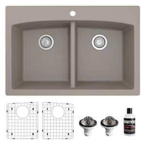 QT-710 Quartz/Granite 33 in. Double Bowl 50/50 Top Mount Drop-In Kitchen Sink in Concrete with Bottom Grid and Strainer