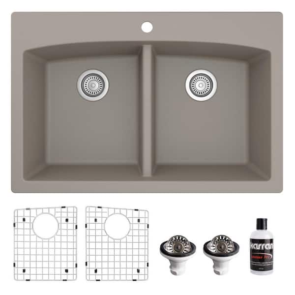 Karran QT-710 Quartz/Granite 33 in. Double Bowl 50/50 Top Mount Drop-In Kitchen Sink in Concrete with Bottom Grid and Strainer