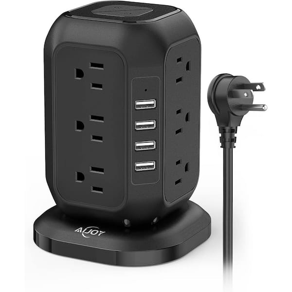 Etokfoks 10 ft. Extension Cord Power Strip Tower with 12 AC Outlet and 4 USB Ports with Overload Protection - Black