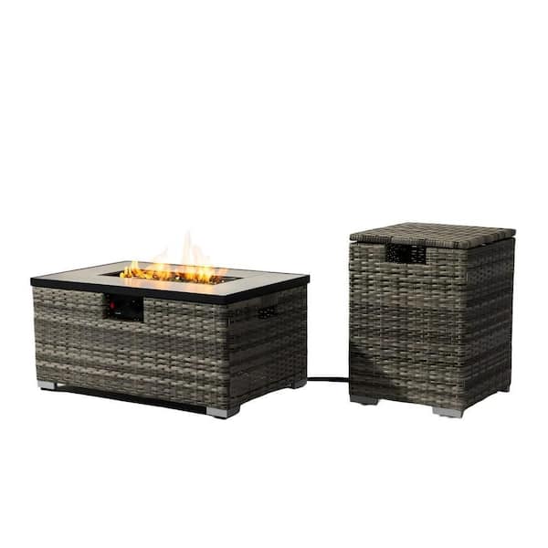 32 in. 50000 BTU Space Heater Propane Fire Pit Table Set Rectangular Patio Vented with Wicker Base Matching Cover Brown
