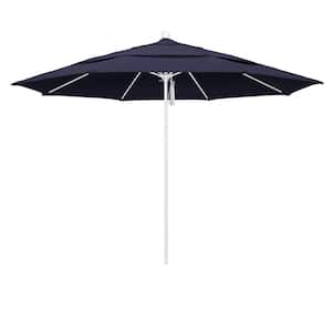 11 ft. White Aluminum Commercial Market Patio Umbrella with Fiberglass Ribs and Pulley Lift in Navy Blue Sunbrella
