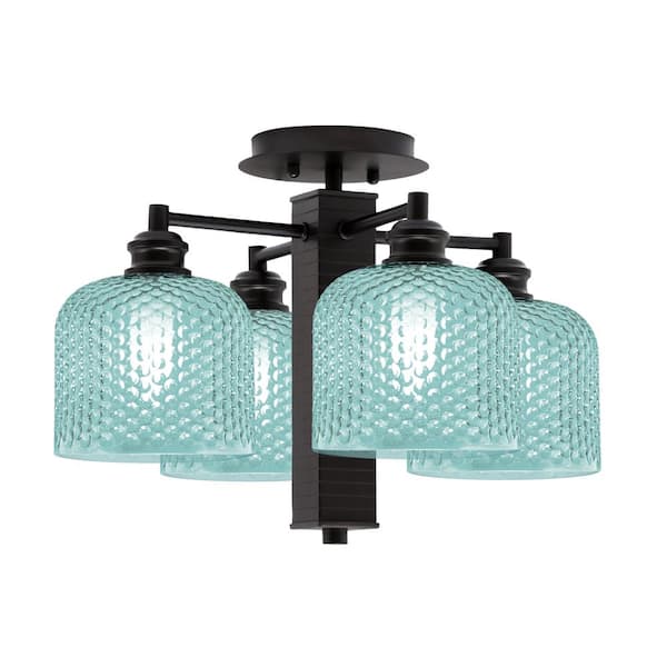 Unbranded Albany 18 in. 4-Light Espresso Semi-Flush with Turquoise Textured Glass Shades
