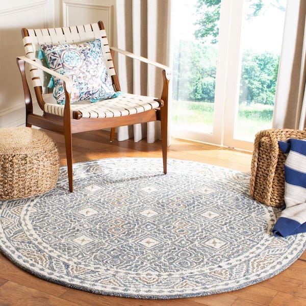 Micro-Loop 3 ft. x 3 ft. Round Blue/Ivory Multi-Diamond Border Area Rug
