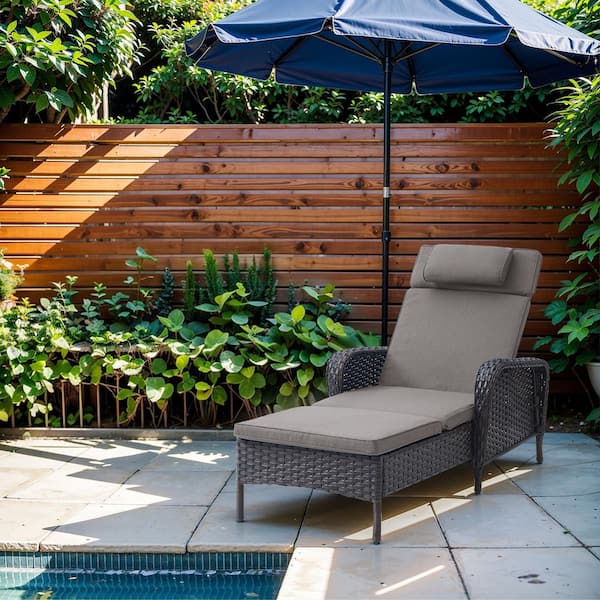 Gymojoy Carolina Brown Wicker Outdoor Chaise Lounge Recliner with Gray Cushions